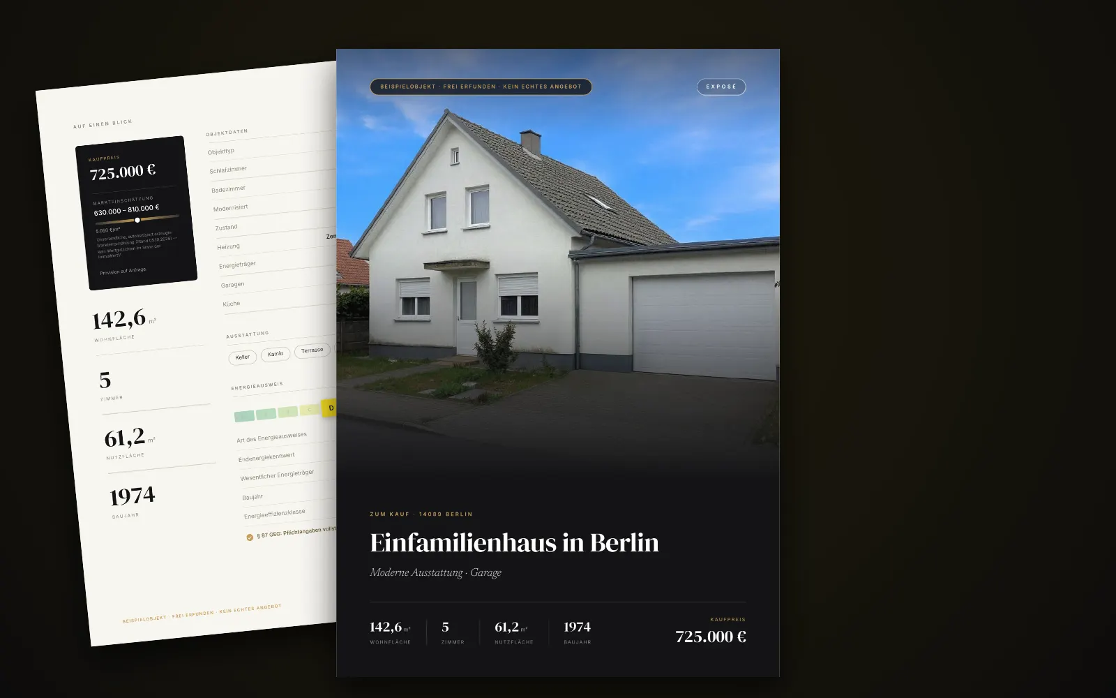 Exposé des Beispielobjekts in Berlin: Titelseite mit Foto, Titel und Kaufpreis, dahinter zwei weitere Seiten